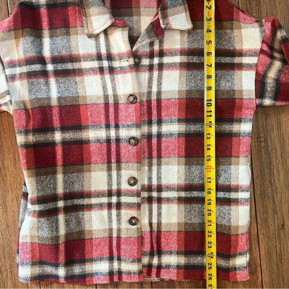 Plaid Flannel Shacket Button Down Jacket Shirt Pockets Red Boho Western Medium - Picture 13 of 14